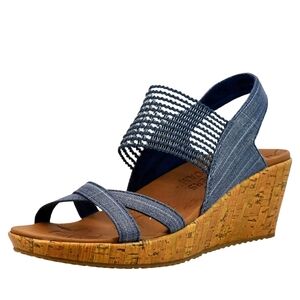 Skechers Beverlee High Tea Chambray Blue Cork Wedge Sandal Size 11